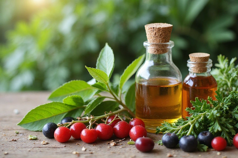A close-up of fresh, natural ingredients like herbs and essential oils, symbolizing purity and quality.