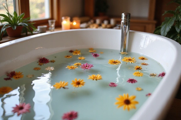 A serene bath with natural essential oils and flowers, symbolizing relaxation and natural wellness.