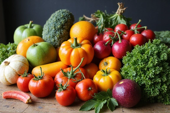A variety of fresh, organic fruits and vegetables, representing whole foods and natural diet.
