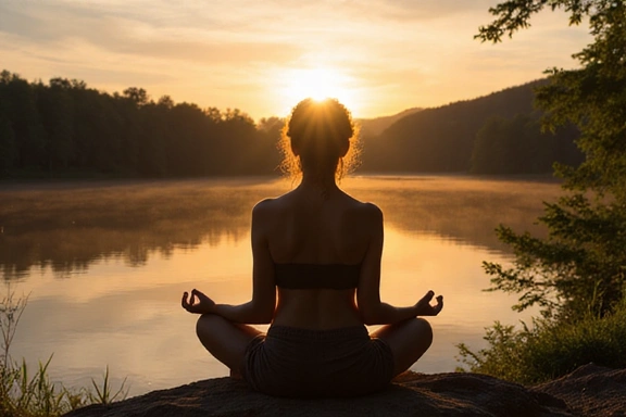 Someone meditating in a peaceful natural setting, symbolizing mindfulness and healthy lifestyle.