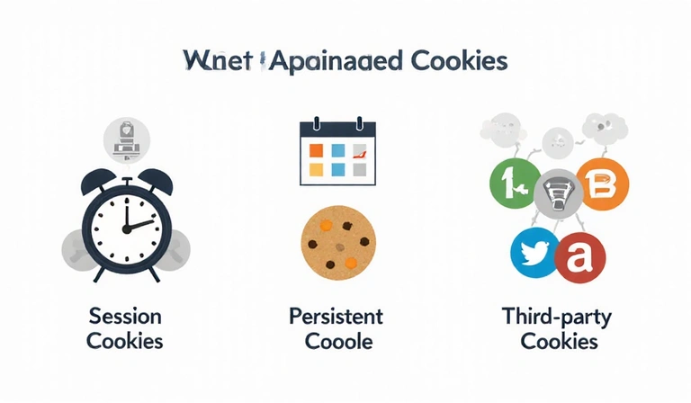 Different types of cookies represented by distinct icons, such as a clock for session cookies and a lock for essential cookies