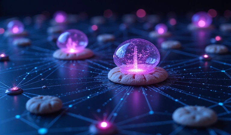 Digital cookies represented as small data packets flowing through a network