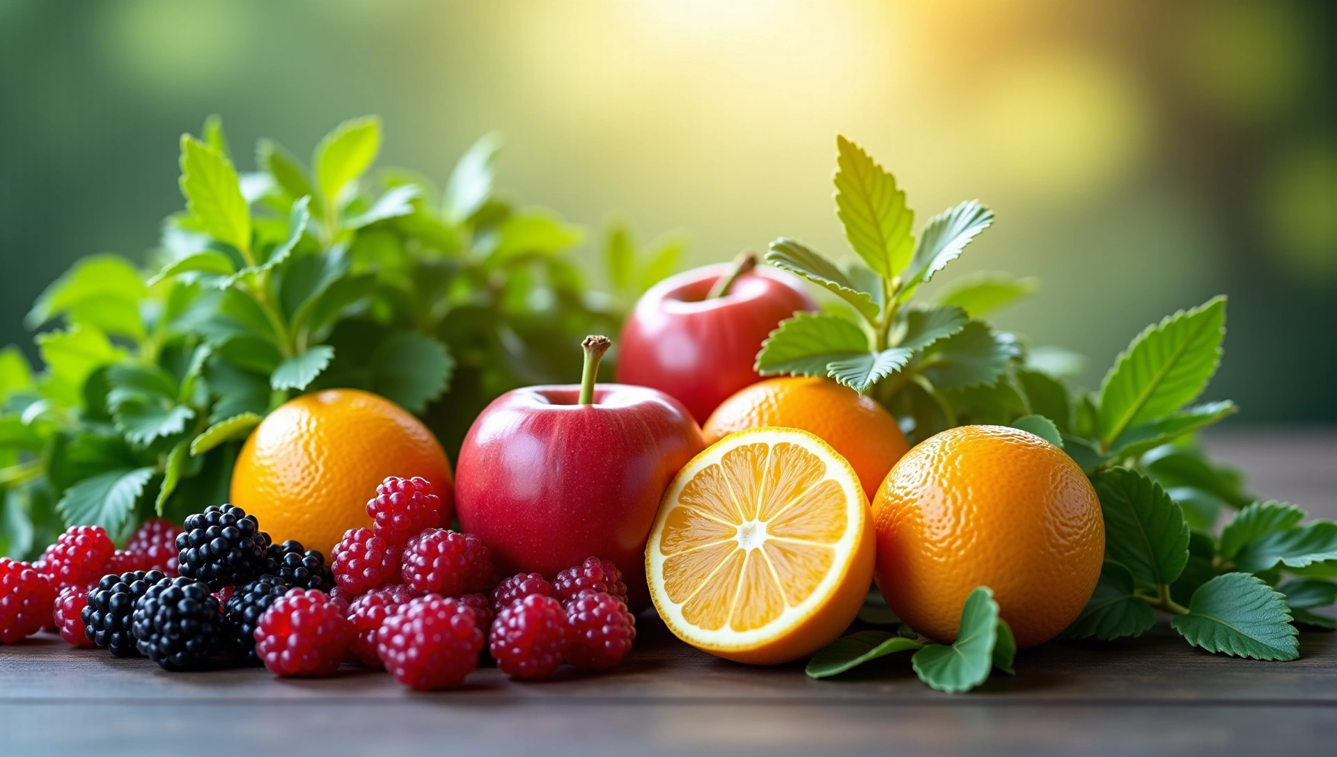Lush natural ingredients like herbs and fruits with a soft, glowing light, symbolizing natural health and beauty.