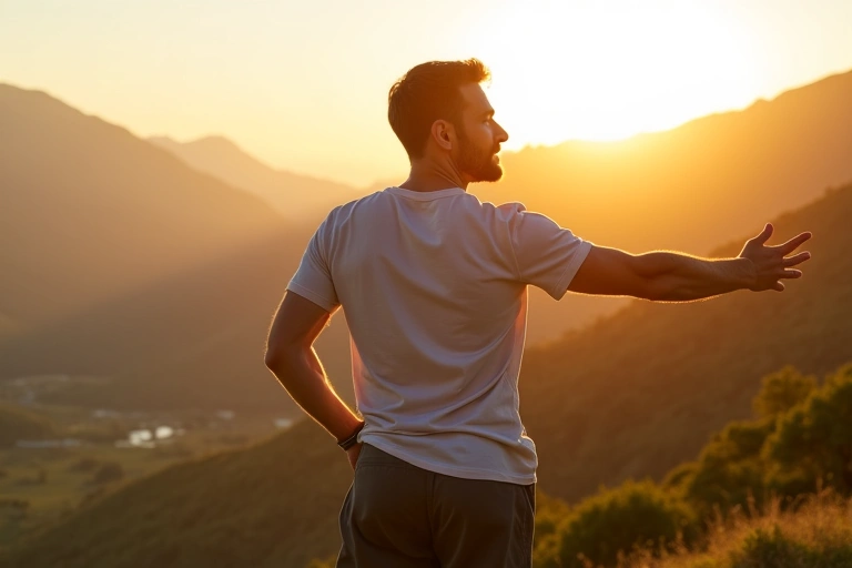 Man stretching in a serene natural environment, symbolizing vitality
