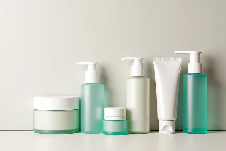 Skincare routine products laid out