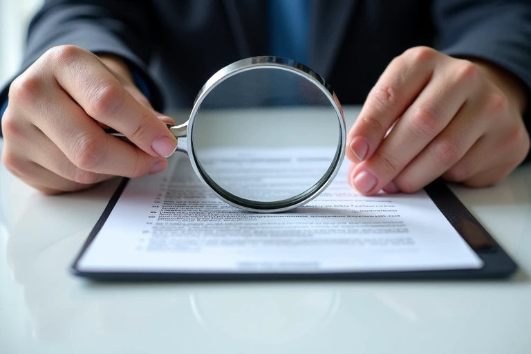 A person reading legal documents with a magnifying glass